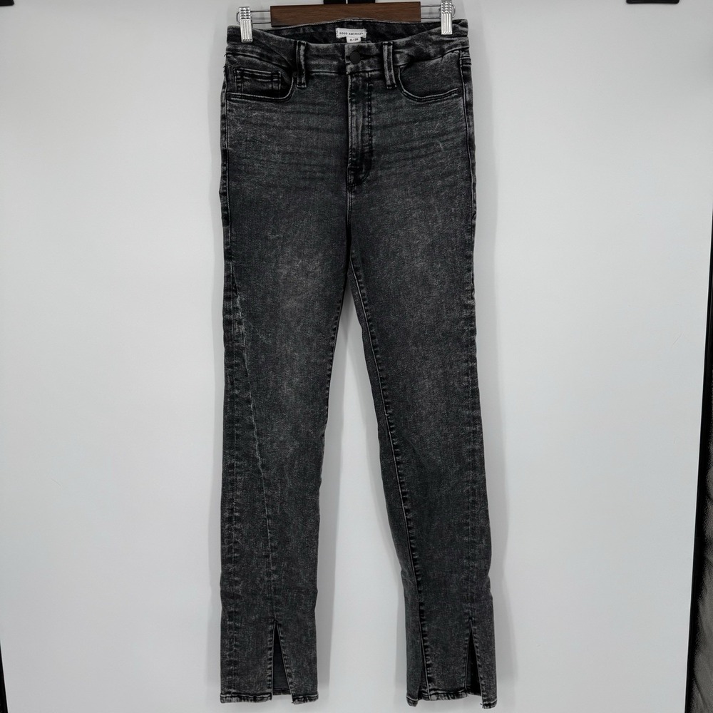 Good American 6/28 Soft Tech Good Legs Straight Jeans Black Acid Wash Ankle Slit